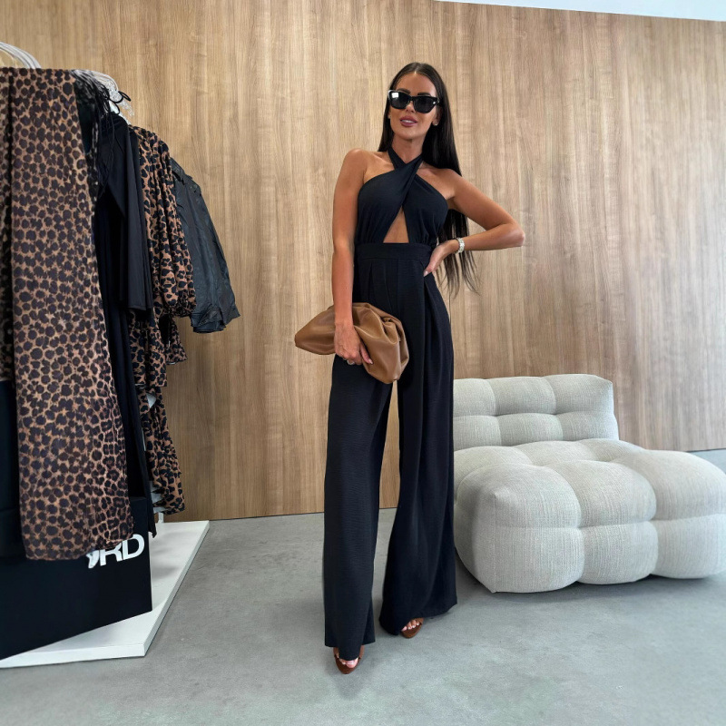 Solid-color Sexy Halter-neck Waist-cinching Backless Jumpsuit