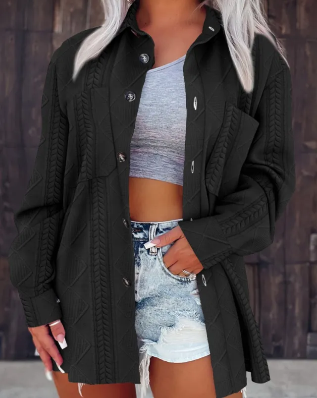 Autumn And Winter Simplicity Fashion Polo Collar Solid Color Buttons Knitting Patterns Coat For Women Black - Shop at LoveMi
