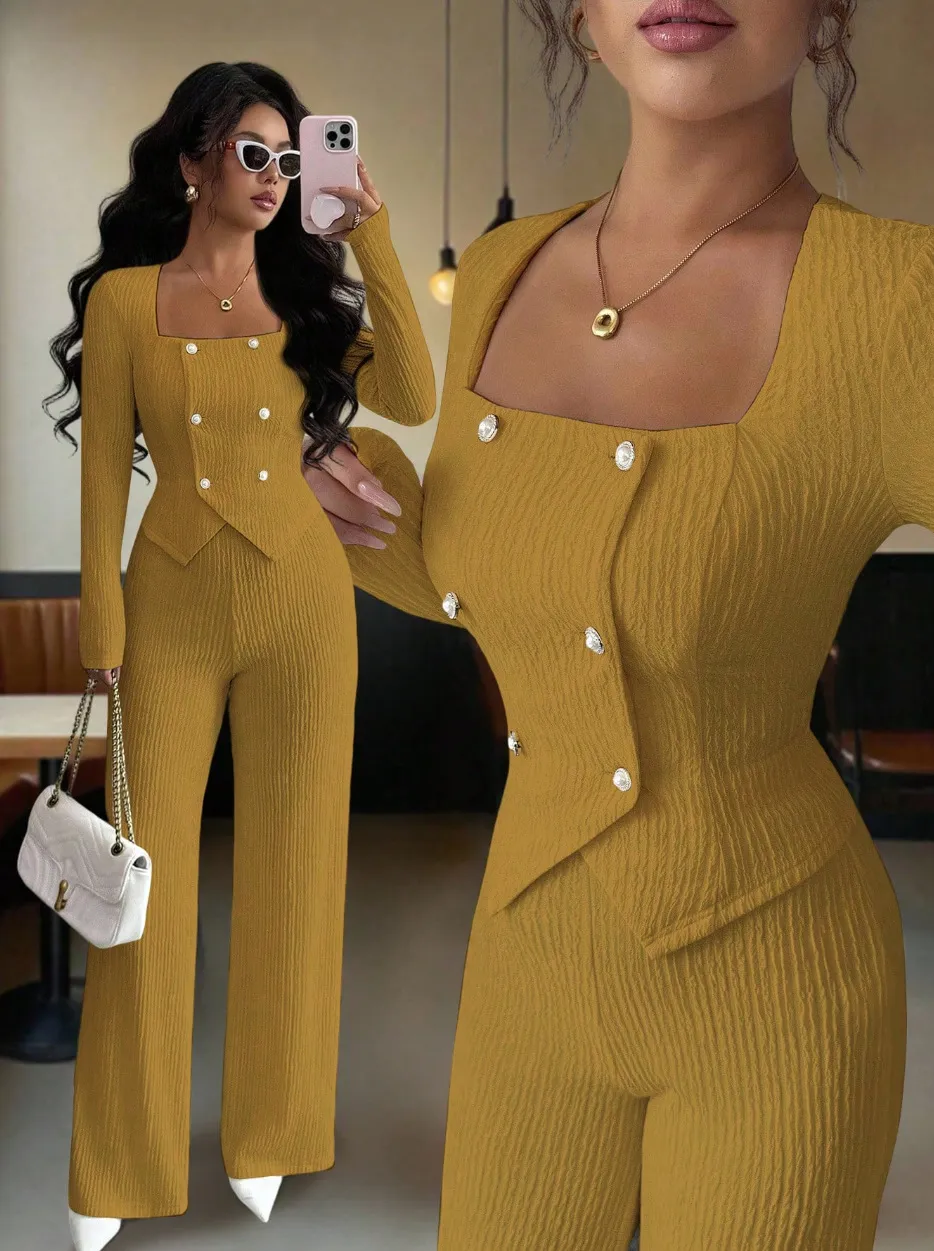 Stylish Versatile Solid-colour Top And Cardigan With Matching Pants Set - Gold