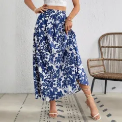 Elegant Floral High-Waisted Womens Skirt - Blue - View 1
