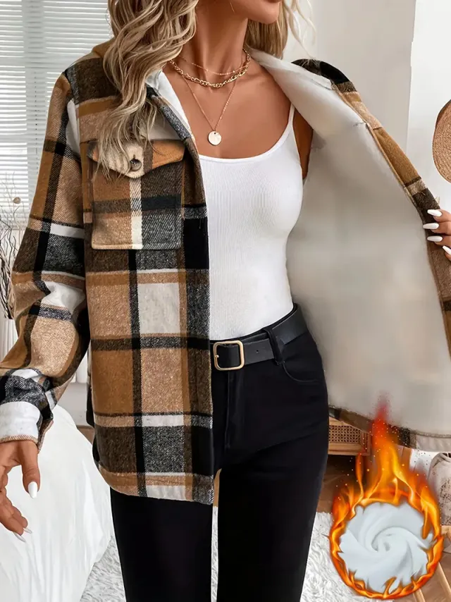 Autumn And Winter Loose Long Sleeve Casual Plaid Hooded Jacket Khaki - Shop at LoveMi