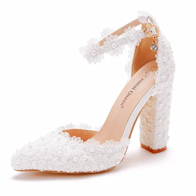 Chunky Heel Pointed Sandals White Wedding Shoes White - Shop at LoveMi
