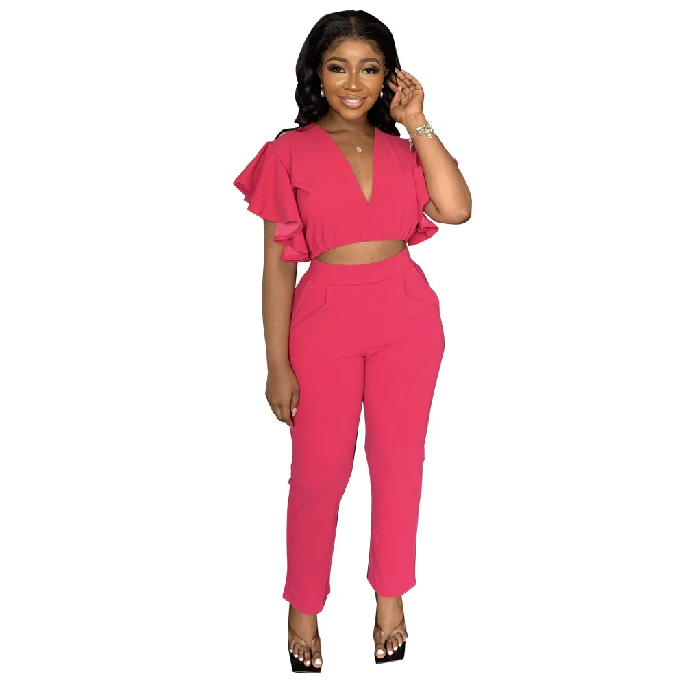 Women's Fashion Sexy Deep V Midriff-baring Top Straight-leg Trousers Casual Two-piece Suit - Rose