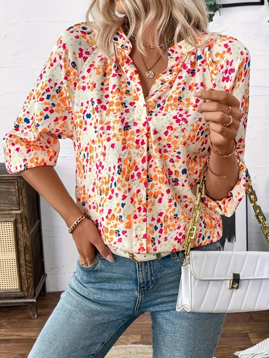 Women's Holiday Loose V-neck Lantern Sleeve Floral Print Shirt - Colour