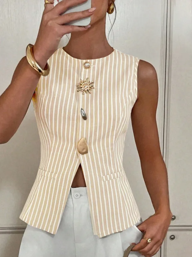 Elegant Striped Crew neck Button up Vest Top Mixed Color M - Shop at LoveMi