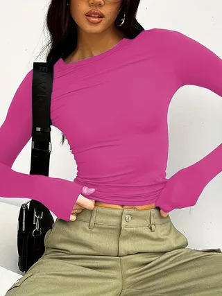 Women's Round Neck Long Sleeve T shirt Top Dark Pink - Shop at LoveMi