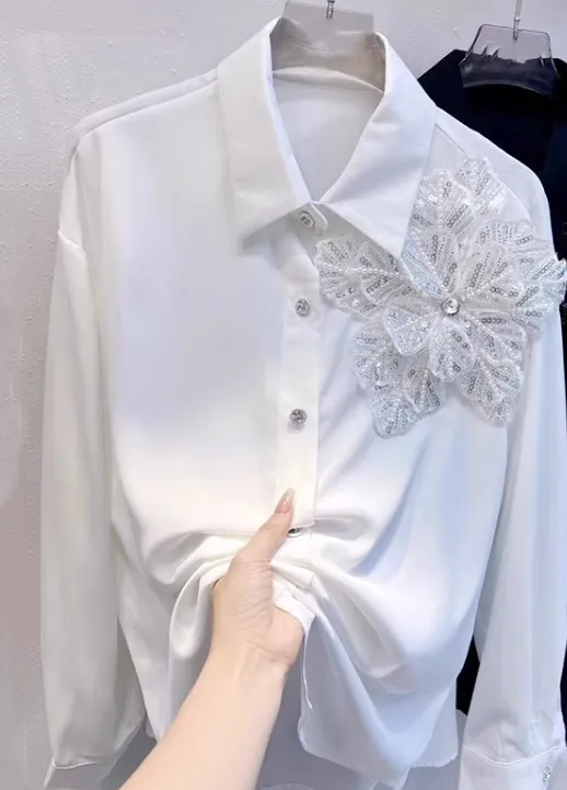 Women's Three dimensional Flower Long sleeved Shirt White - Shop at LoveMi