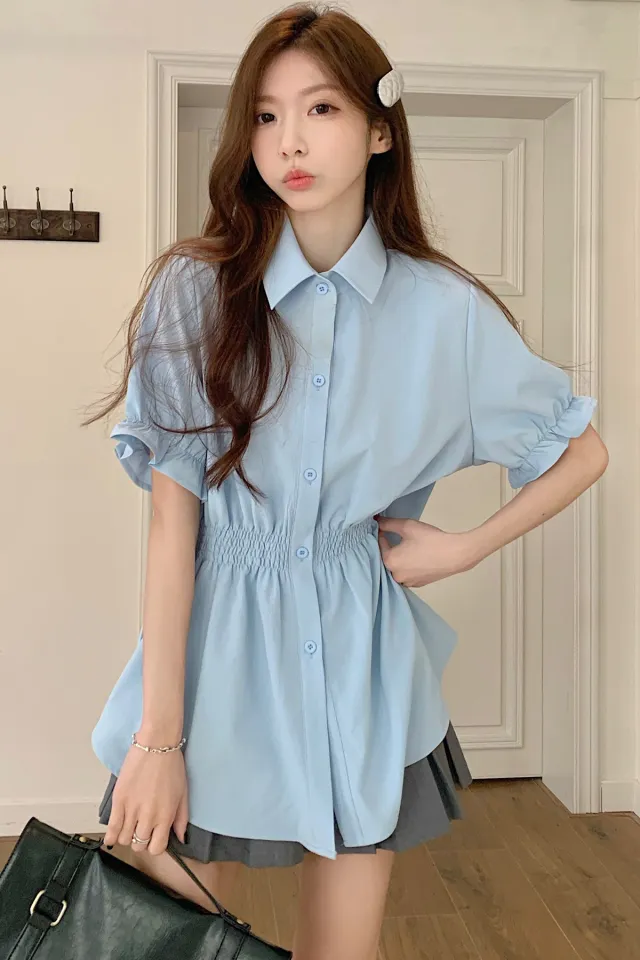 New Korean Style Fashion Waist controlled Belly Covering Western Style Shirt Women Blue - Shop at LoveMi