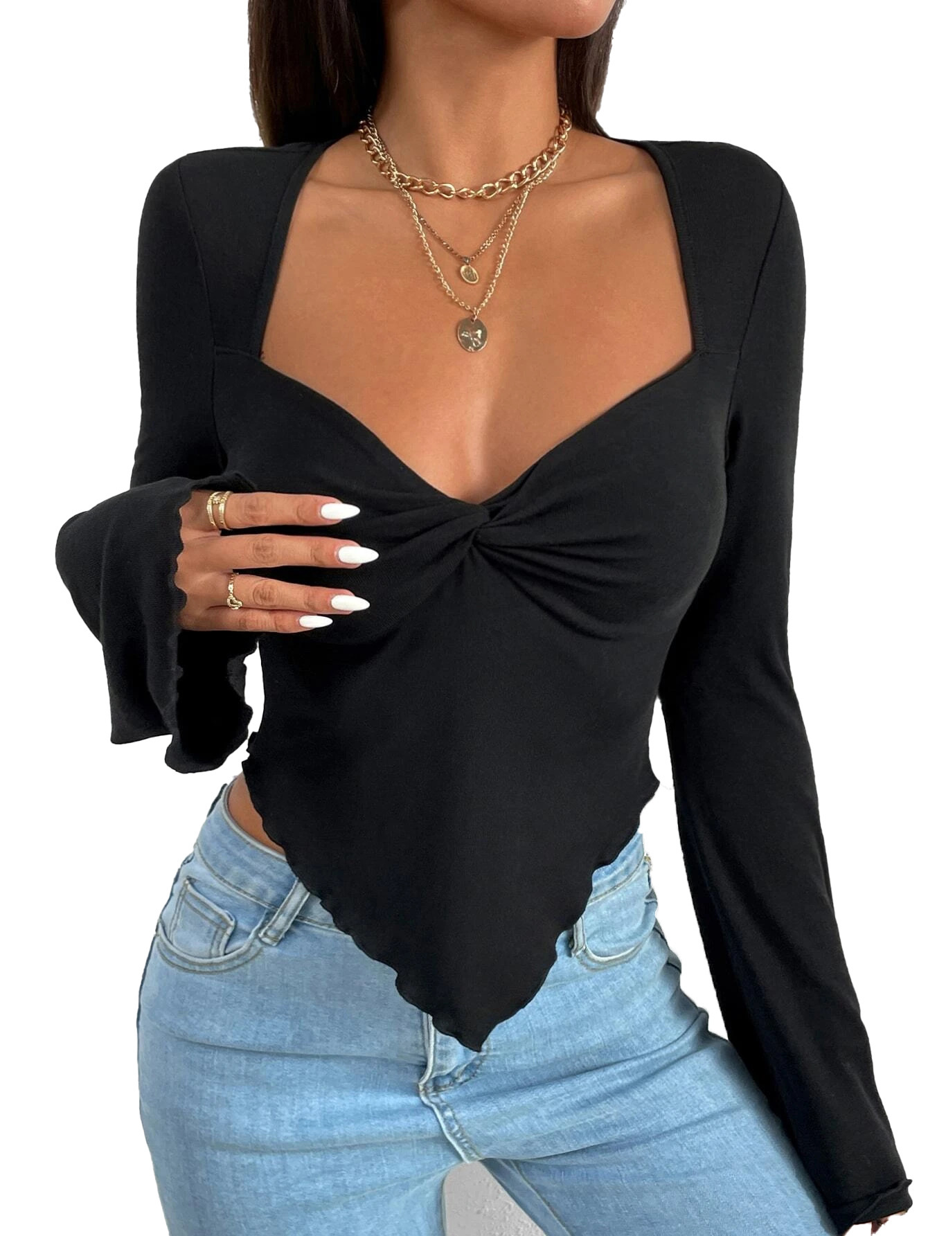 V-neck Flared Sleeves Waist Trimming Knitted Long Sleeve T-shirt - Picture 11 of 14