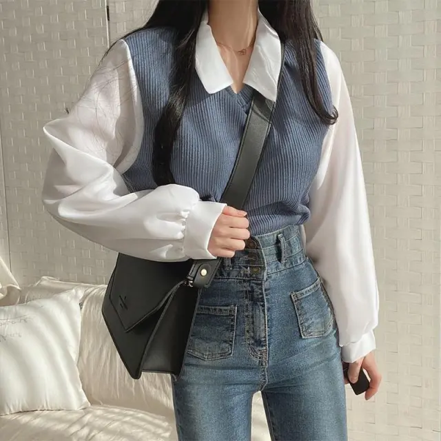 Patchwork Long Sleeve Loose Contrast Color And Versatile Top Blue - Shop at LoveMi