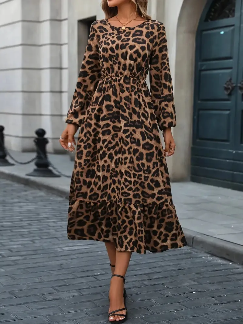 Elegant Leopard Print Lantern Sleeve Ruffled A-line Midi Dress - Coffee