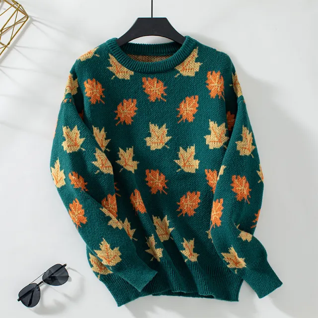 Sweater Female Maple Leaf Pattern Jacquard Leisure Pullover Dark Green - Shop at LoveMi