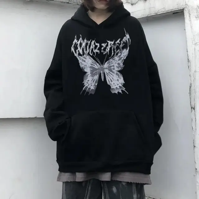 Sports Butterfly Print Hip Hop Hooded Sweater Black - Shop at LoveMi