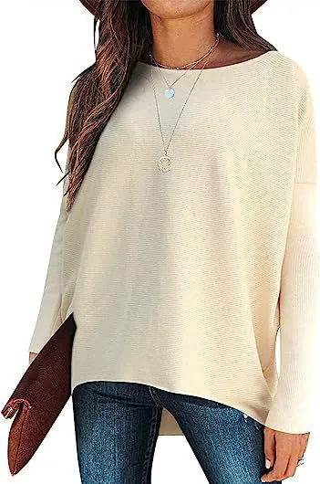 High And Low Batwing Sleeve Knitted Loose Pullover Waist Top Apricot - Shop at LoveMi