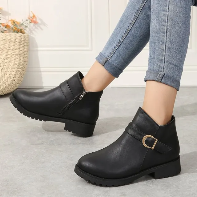 Belt Buckle Zipper Chunky Heel Short Leather Boots Black - Shop at LoveMi