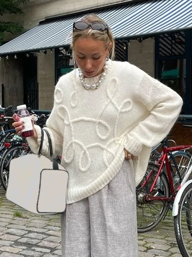 Solid Color Wool Irregular Embroidered Warm Long Sleeves Sweater White - Shop at LoveMi
