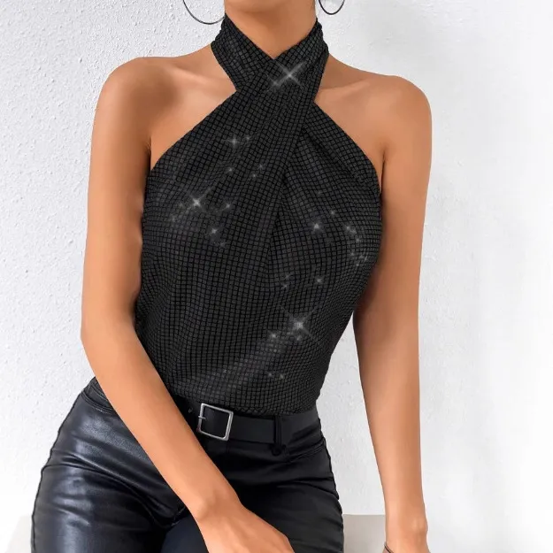 Womens Solid-Color Casual Minimalist Sequin Halter Top - Black