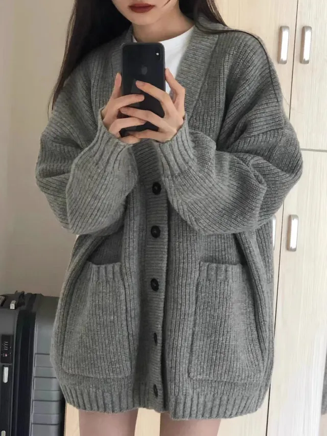 Sweater Coat Women's Loose Outer Wear Knitted Cardigan Gray - Shop at LoveMi