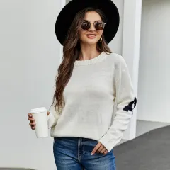 European And American Letter Jacquard Casual Sweater Idle Style Loose Pullover - White - View 1