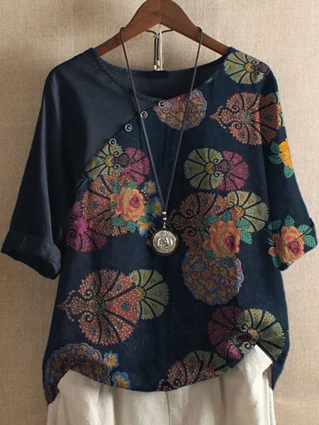 Women's O neck Short Sleeve Floral Print T shirt Blue - Shop at LoveMi