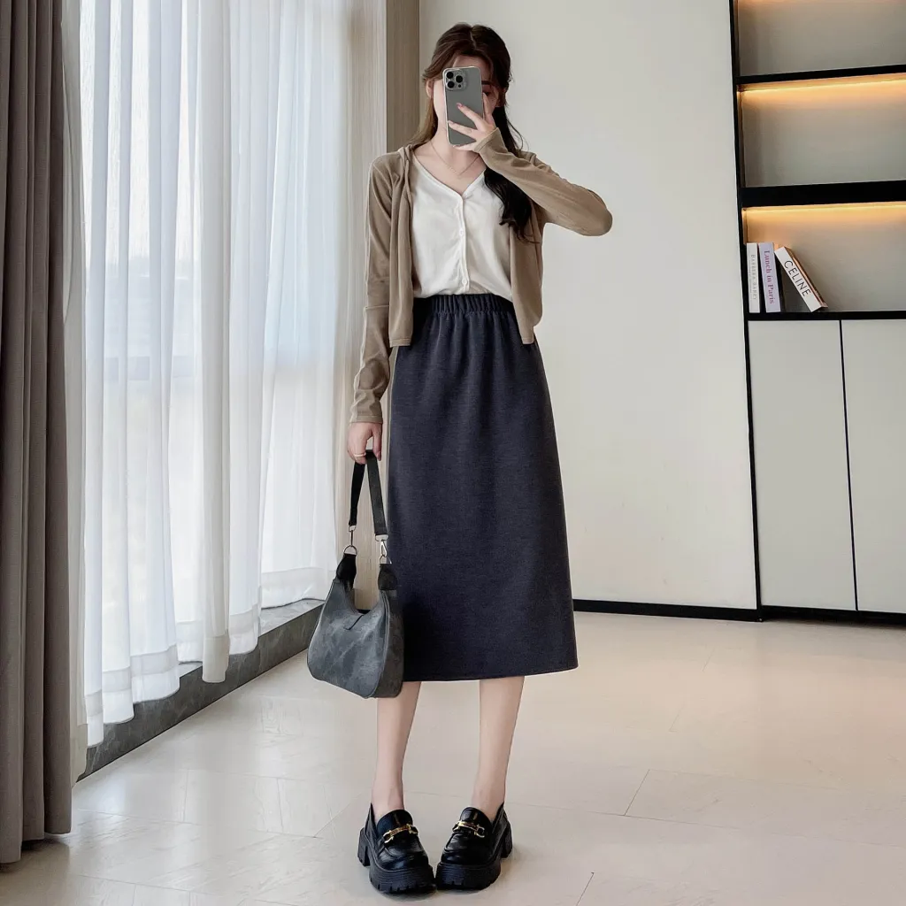 High-waisted Knitted Midi Bodycon Skirt - Grey