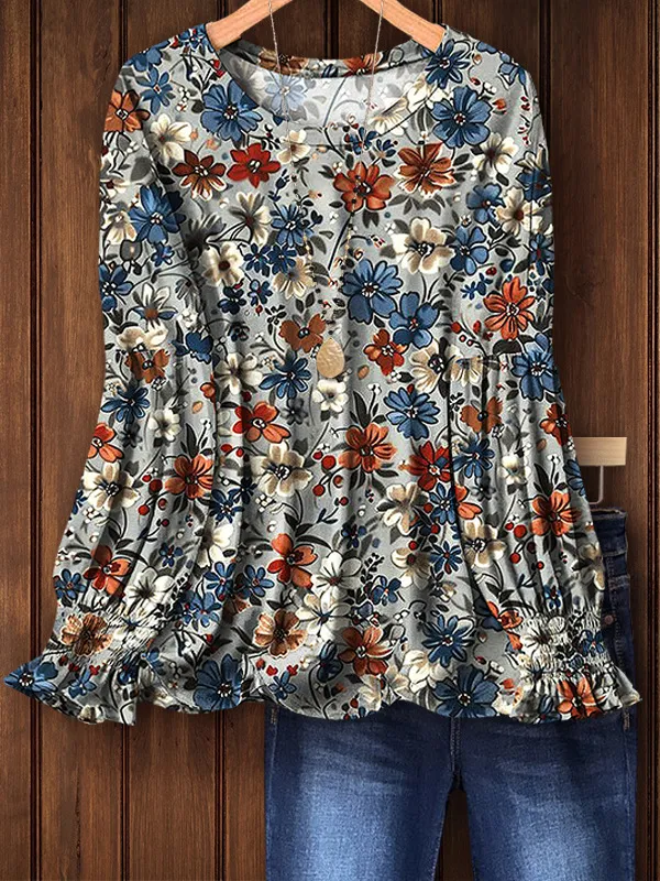 European And American Autumn New Round Neck Floral 3D Printed Long sleeved Top Women Cfa1654Md - Shop at LoveMi