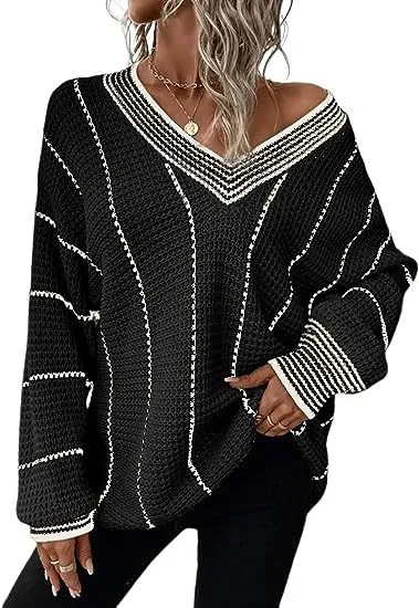 New Autumn And Winter Knitting Striped Pullover Loose Top - Black