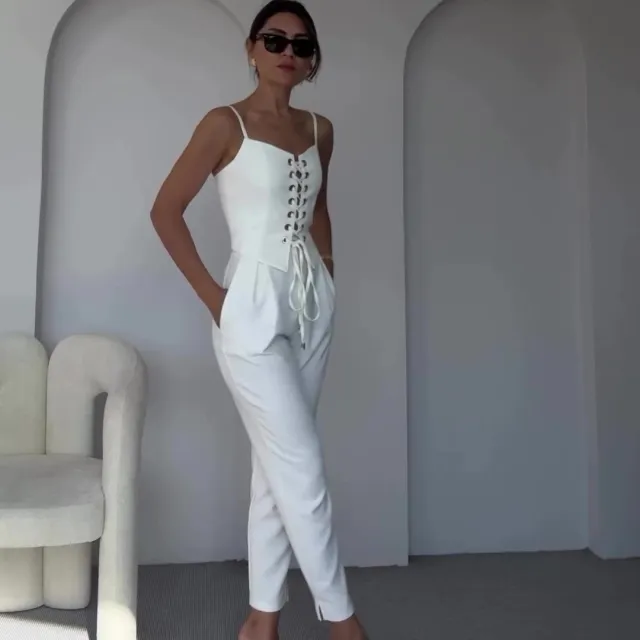 Sexy Hollow Out Strap Top Casual Wide Leg Pants Suit White - Shop at LoveMi