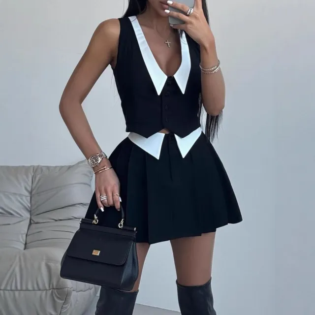Vest Button Sleeveless Top Miniskirt Women Black And White - Shop at LoveMi