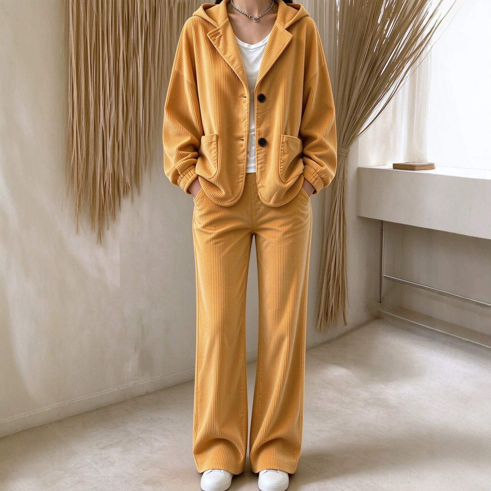 Womens Fashionable Casual Hooded Jacket And Straight-Leg Pants Set