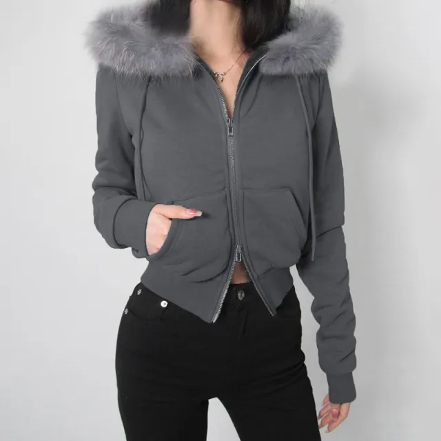 American Retro Small Letter Embroidery Fleece Padded Coat Gray - Shop at LoveMi