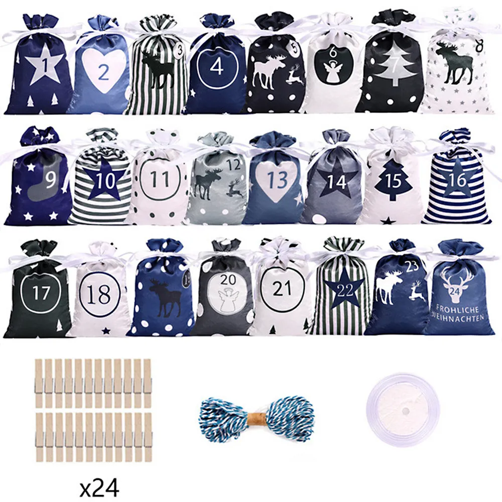 Advent Calendar Christmas Satin Cloth Gift Bag Set - Blue
