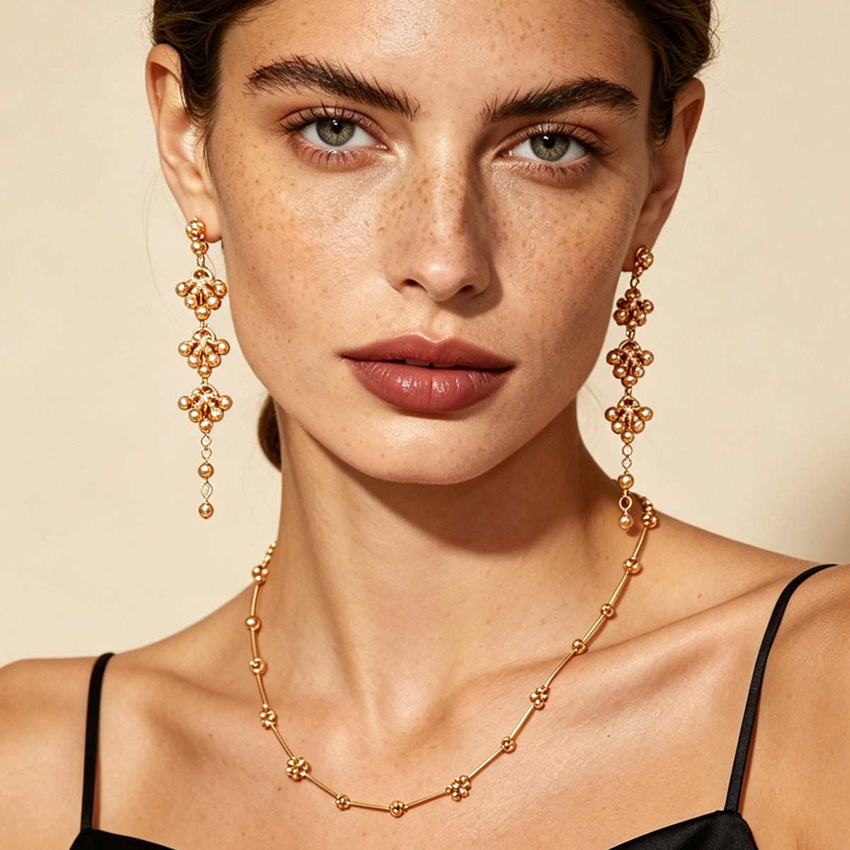 Cool And Delicate Little Golden-bead Tassel Floral-design Earrings And Necklace