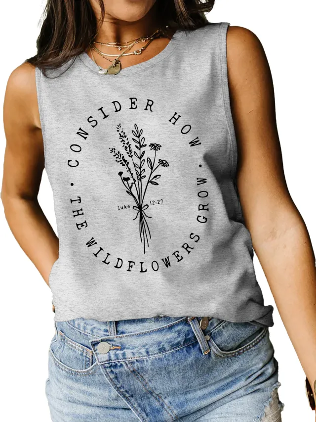 Consider How Flowers And Plants Letter Print Loose Vest Gray - Shop at LoveMi