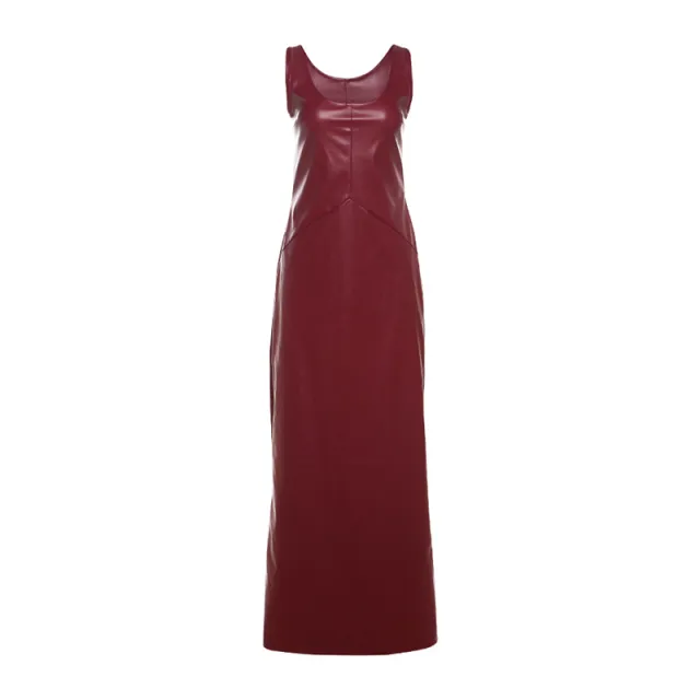 Elegant U collar Backless Slim Fit Split PU Leather Dress Women Wine Red - Shop at LoveMi