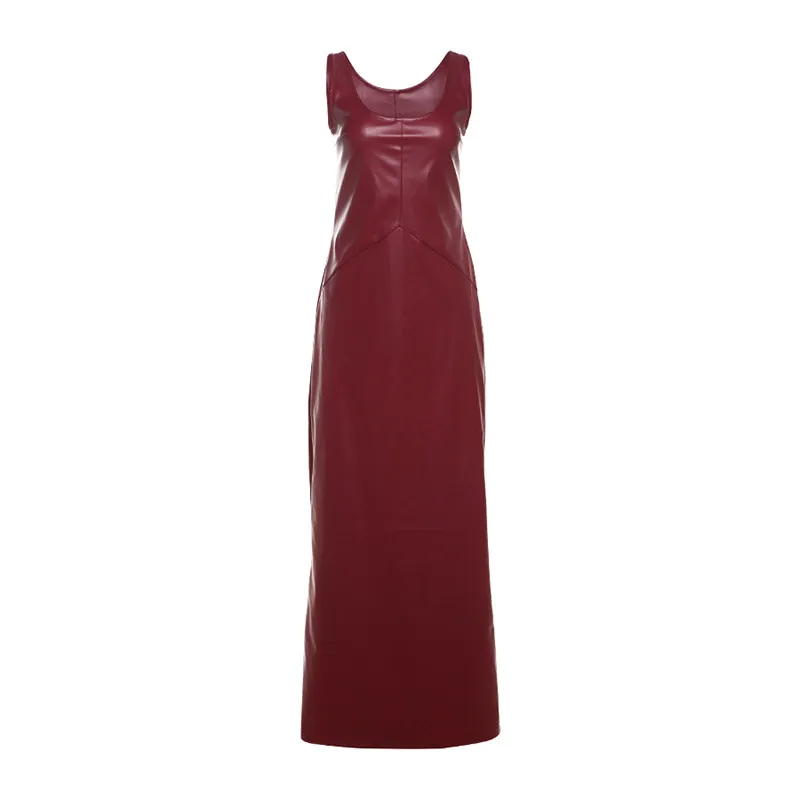 Elegant U-collar Backless Slim Fit Split PU Leather Dress Women - Wine Red