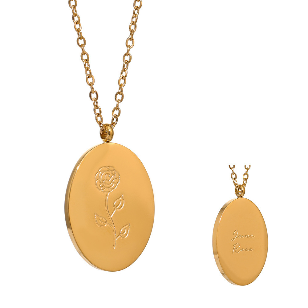 Month Flower Zodiac Oval Coin Pendant Necklace