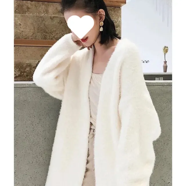 Mink like Wool Cardigan Loose Size Thickened Mid length Idle Style Knitted Coat White 86Cm - Shop at LoveMi