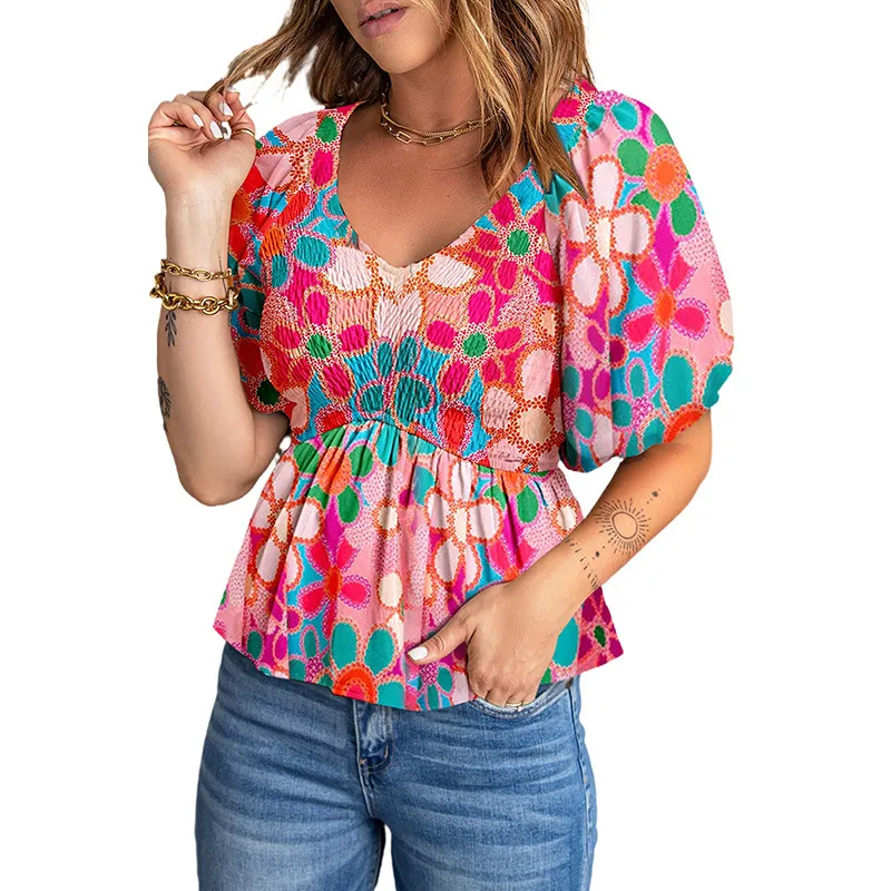 Women's Summer Pullover Puff Sleeve T-shirt - Pink