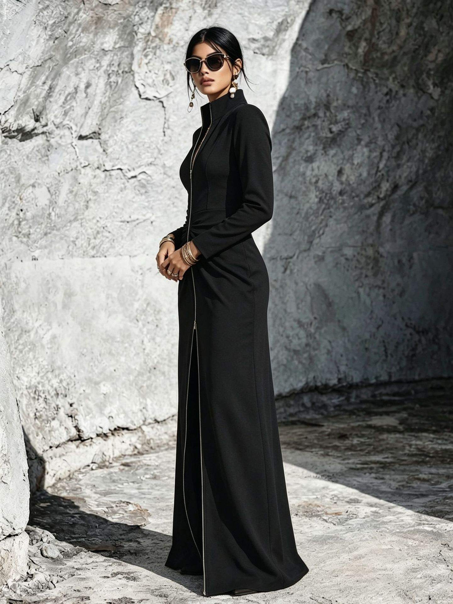 Women's Long-Sleeve Zip-Up Dress - Slim Fit Elegant