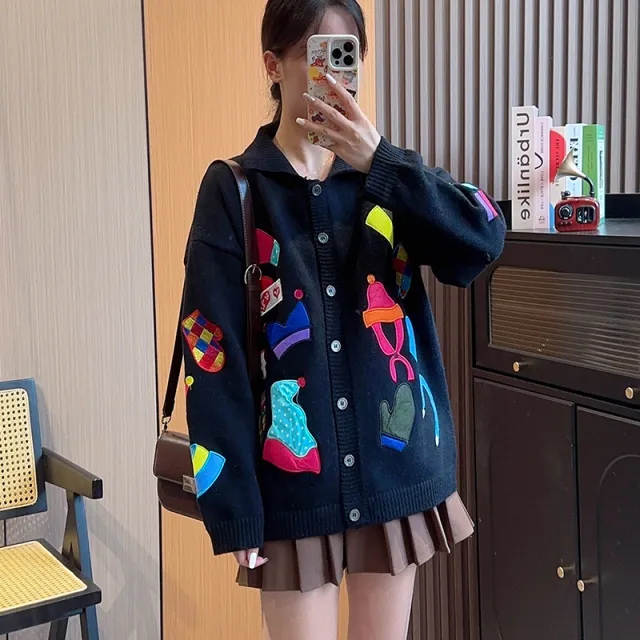 Loose Heavy Industry Design Embroidery Polo Collar Knitted Cardigan Lazy Sweater Coat For Women Black - Shop at LoveMi