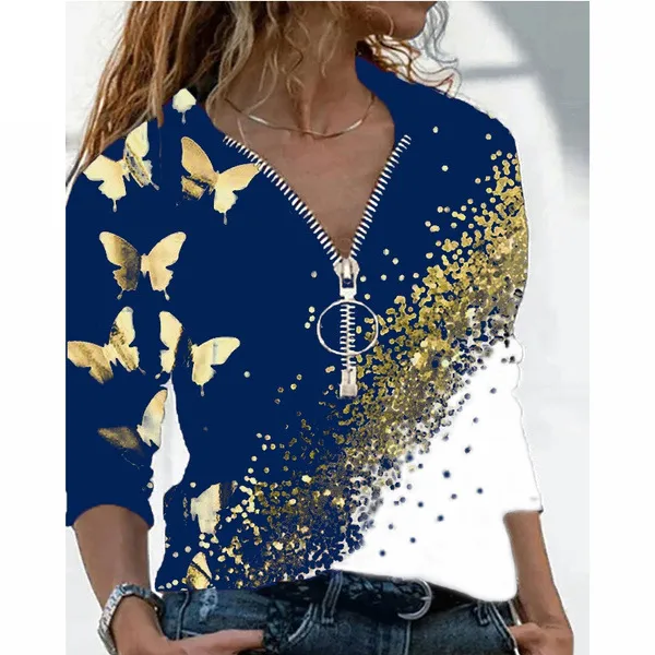 European And American Top Autumn And Winter New V neck Zipper Butterfly Print Long Sleeve Positioning T shirt Blue - Shop at LoveMi