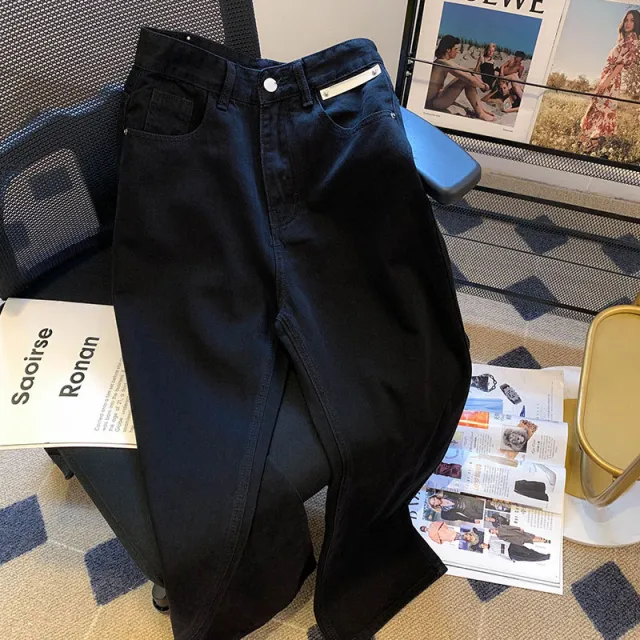 Women's High Waist Mopping Jeans Loose Wide leg Straight Trousers Black - Shop at LoveMi
