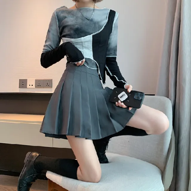 Shirt Half length Pleated Skirt Dark Gray - Shop at LoveMi
