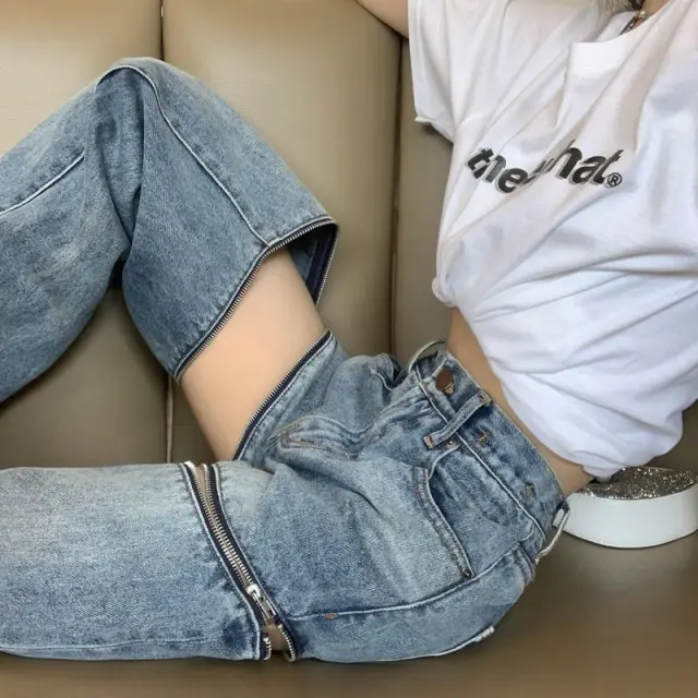 Women's Detachable Zipper Two way Ripped Wide legged Jeans Blue - Shop at LoveMi