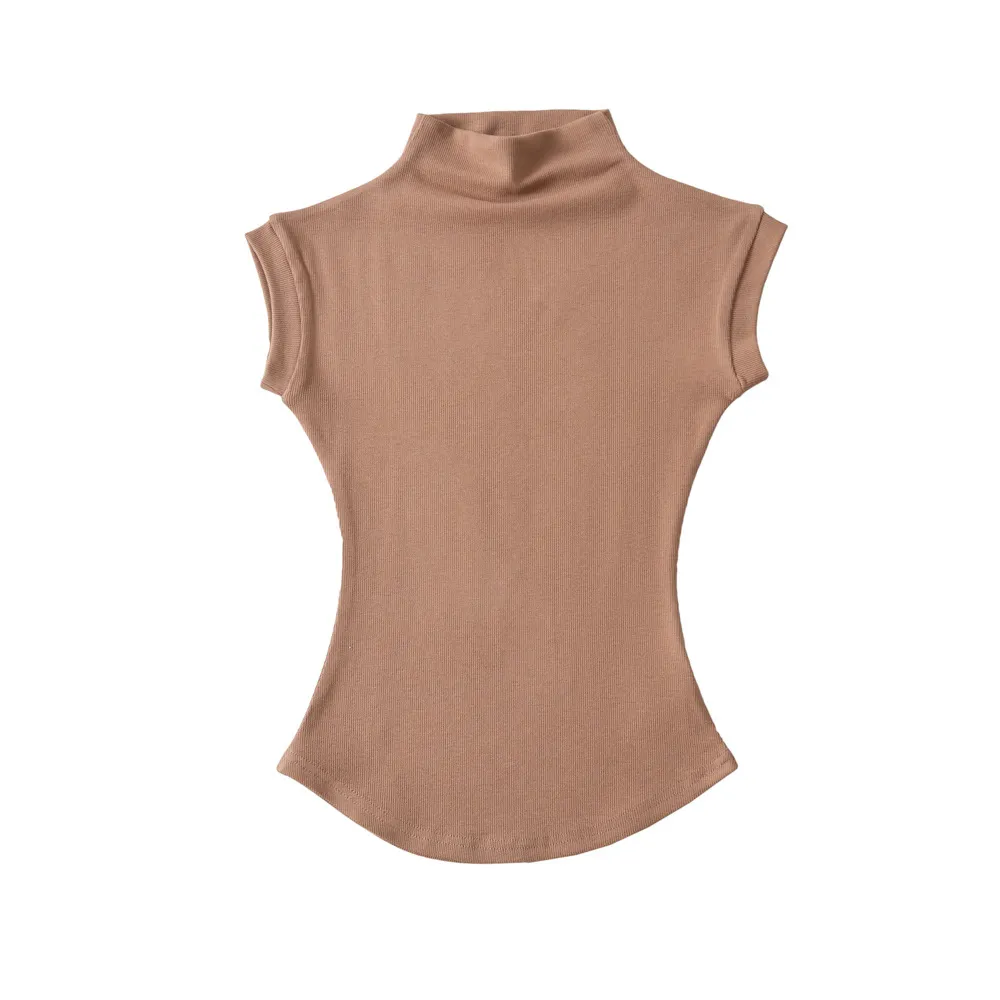 Women's Half Turtleneck Ant Waist Sleeveless Top - Light Coffee