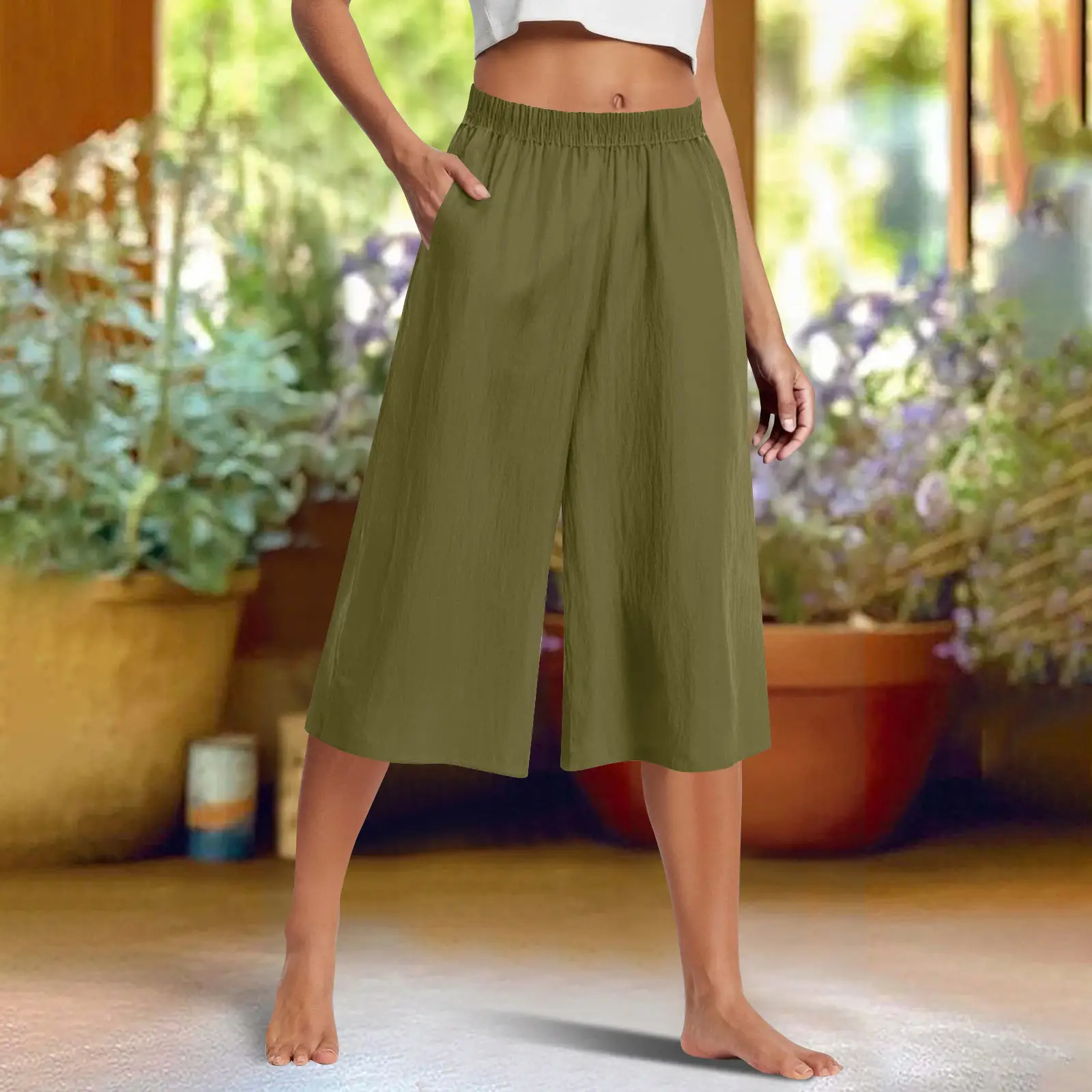 Womens Casual Loose-fitting Solid-color Wide-leg Pants