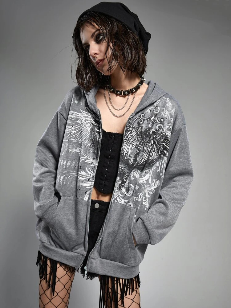 Women's Loose Personality Eagle Print Zipper Hooded Sweater