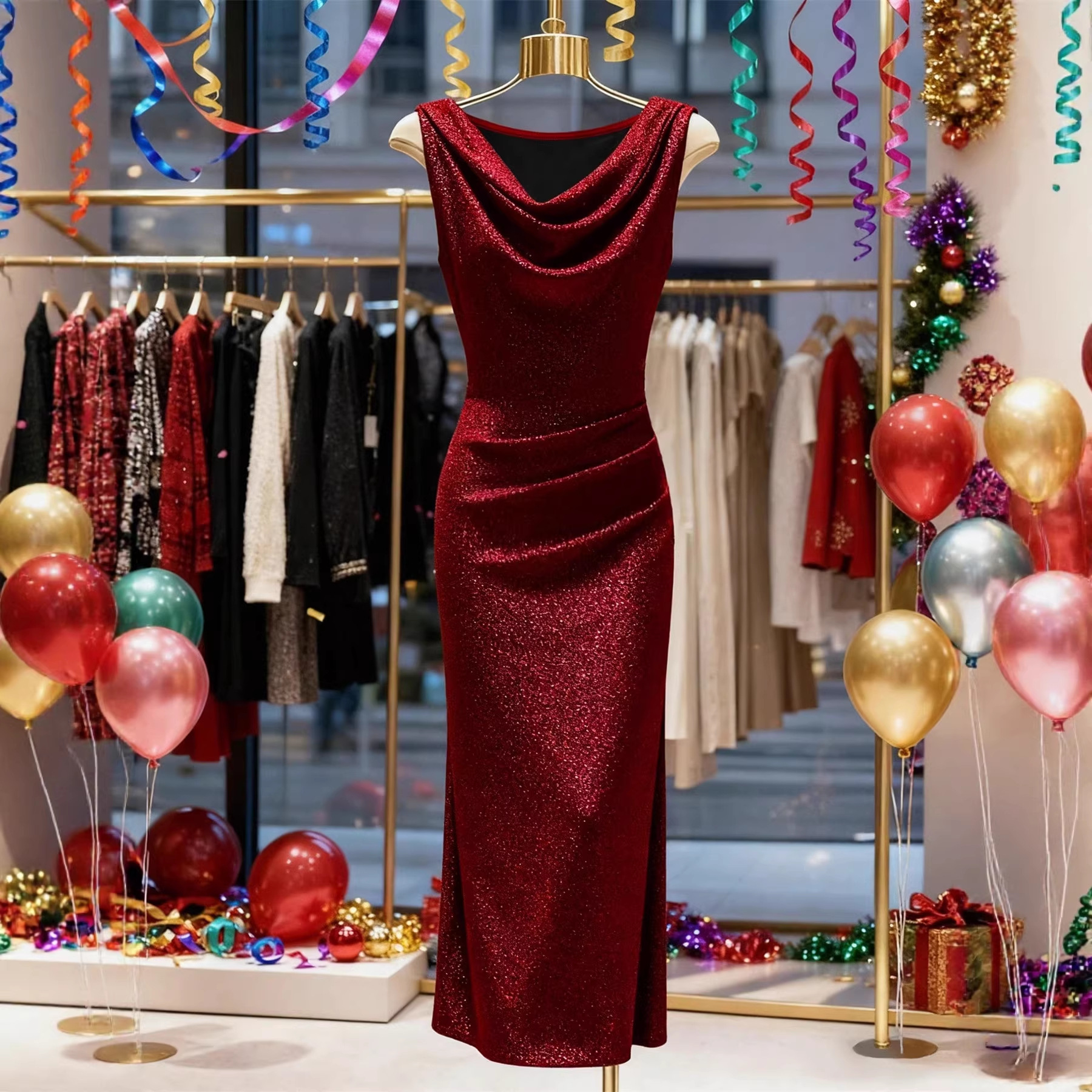 Shiny Silk Ruffled-neck Dress Thats Form-fitting And Hugs The Hips