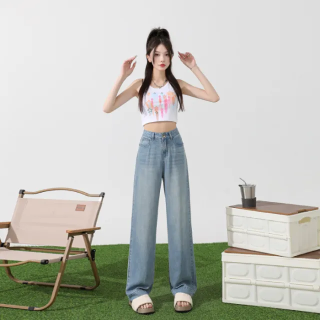 Thin Soft Jeans Women's Summer Thin Straight High Waist Soft Blue Lengthened - Shop at LoveMi